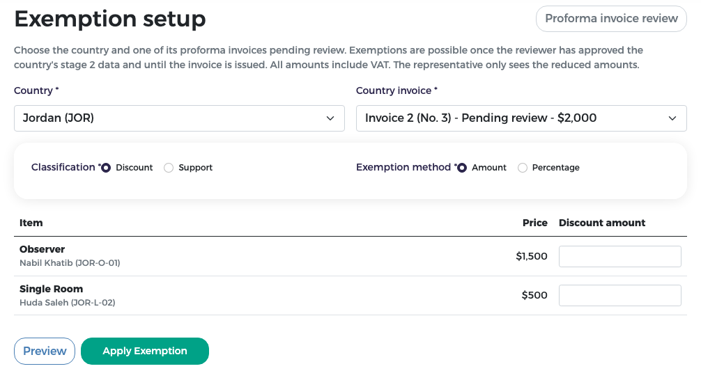 Exemption setup for Jordan's Invoice 2 (No. 3) with the Amount method: one discount amount per line