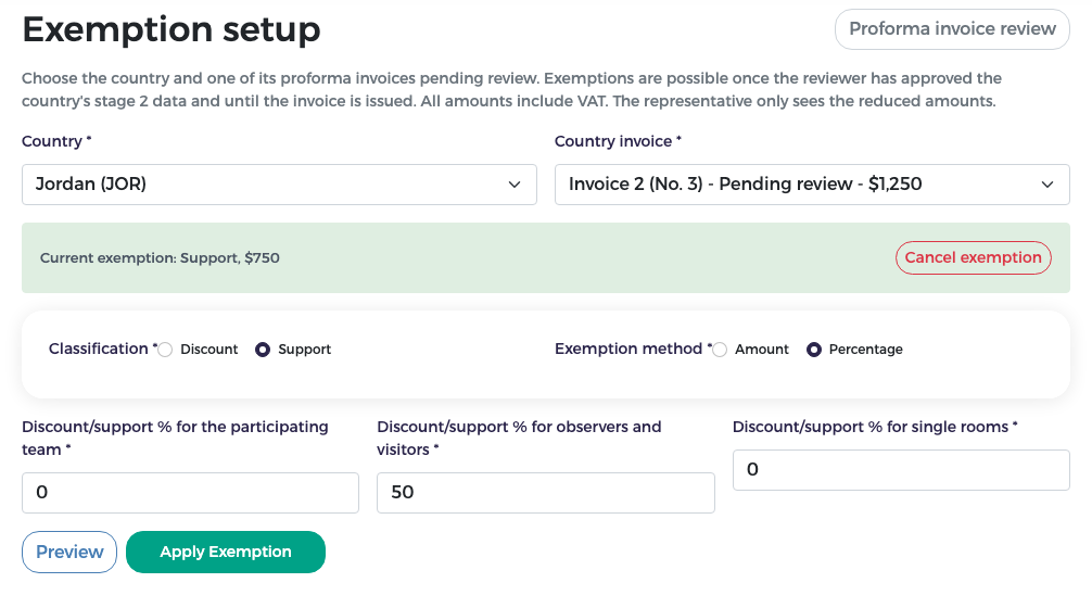 Current exemption: Support, $750, with Cancel exemption; Invoice 2 (No. 3) is now $1,250