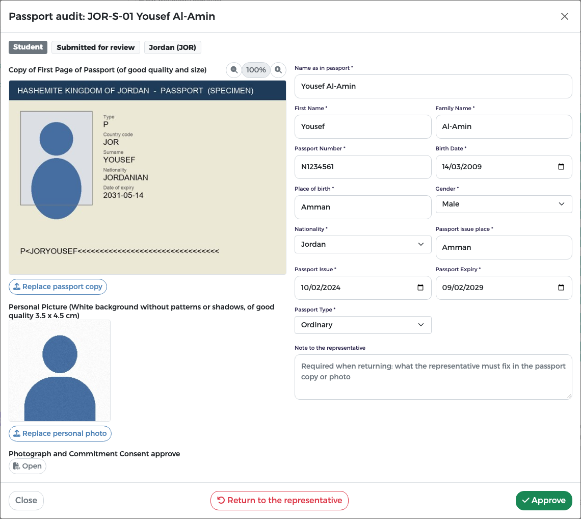 Passport audit for Yousef Al-Amin: passport scan, editable passport fields, note box, Return and Approve buttons