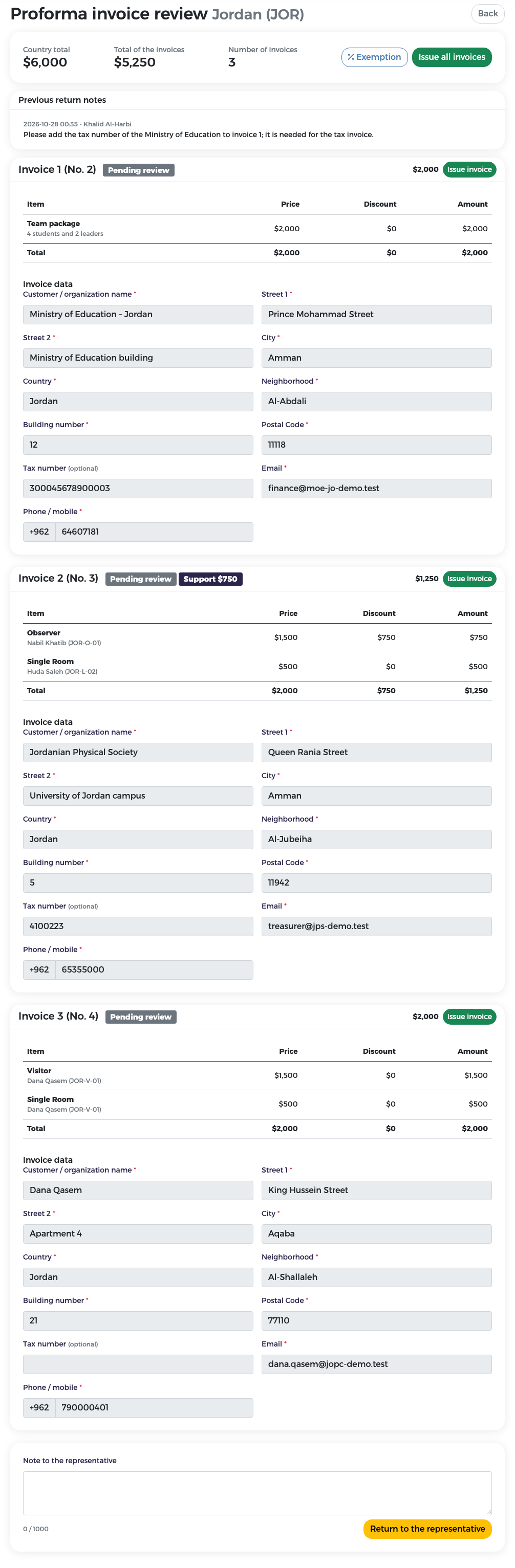Jordan's resubmitted invoices before issue, with the discount on Invoice 2 (No. 3)