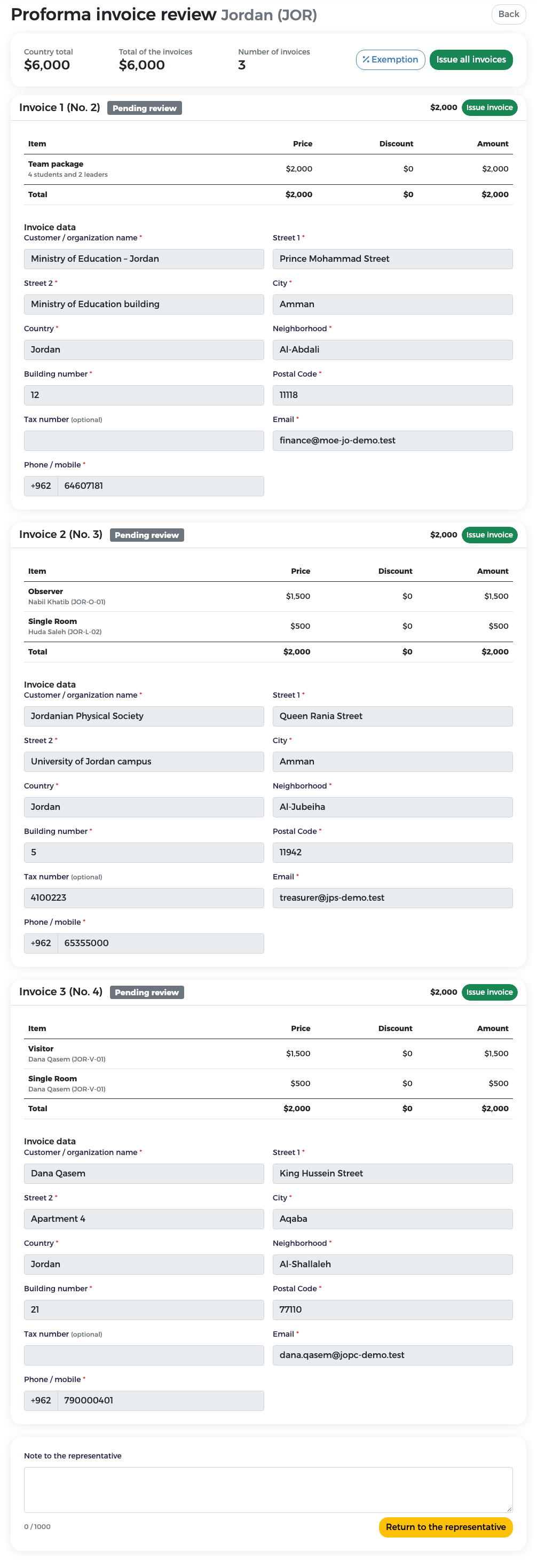 Review page for Jordan: totals, Exemption and Issue all invoices, and Invoice 1 (No. 2) with its lines and invoice data